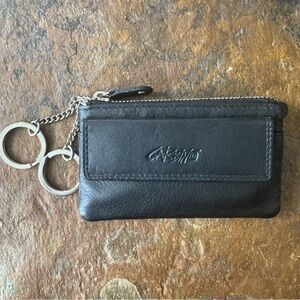 NEW Genuine Italian Leather Black Wallet Coin Purse Two Zippers and Keychain